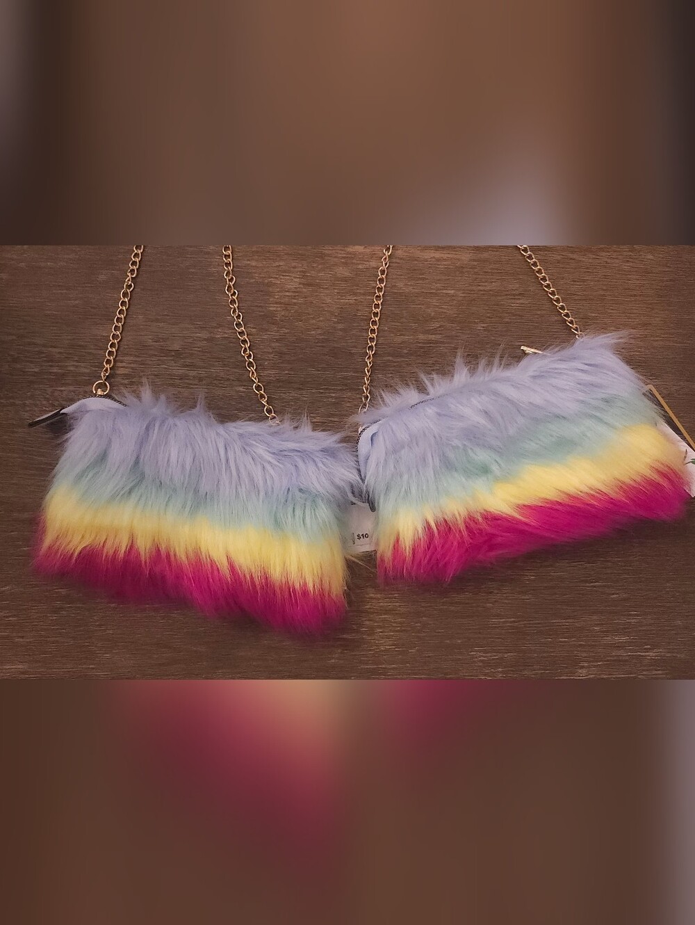 Set Of 2 - Pastel Rainbow Faux Fur Crossbody Bag with Gold Chain